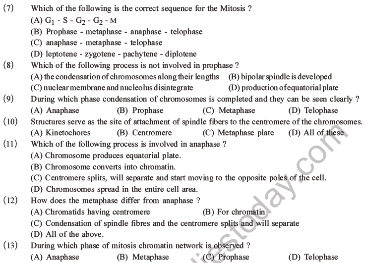 NEET Biology Cell Cycle MCQs Set B, Multiple Choice Questions